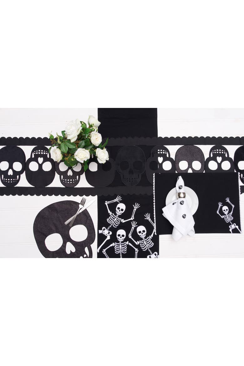 Black Skulls Halloween Embroidered Hemstitch Set of 6 Cloth Napkins, Alternate, color, White