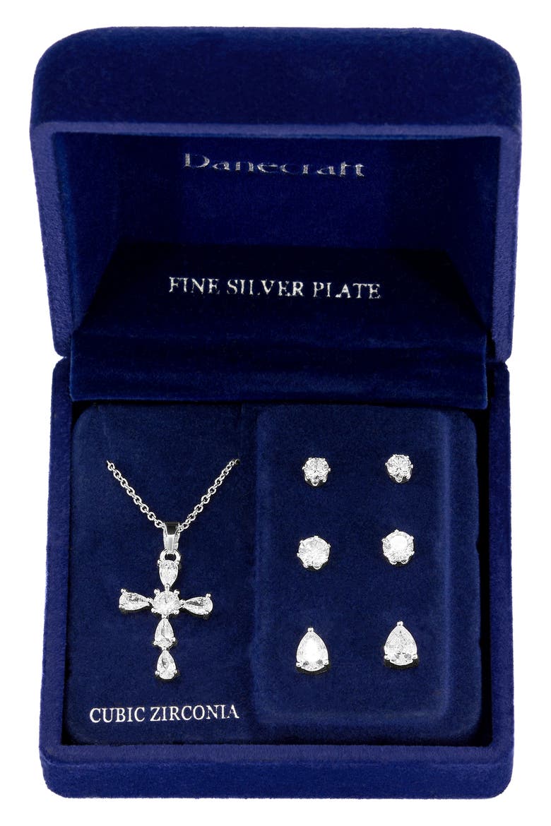 CZ Cross Pendant Necklace & Earrings Set, Main, color, SILVER