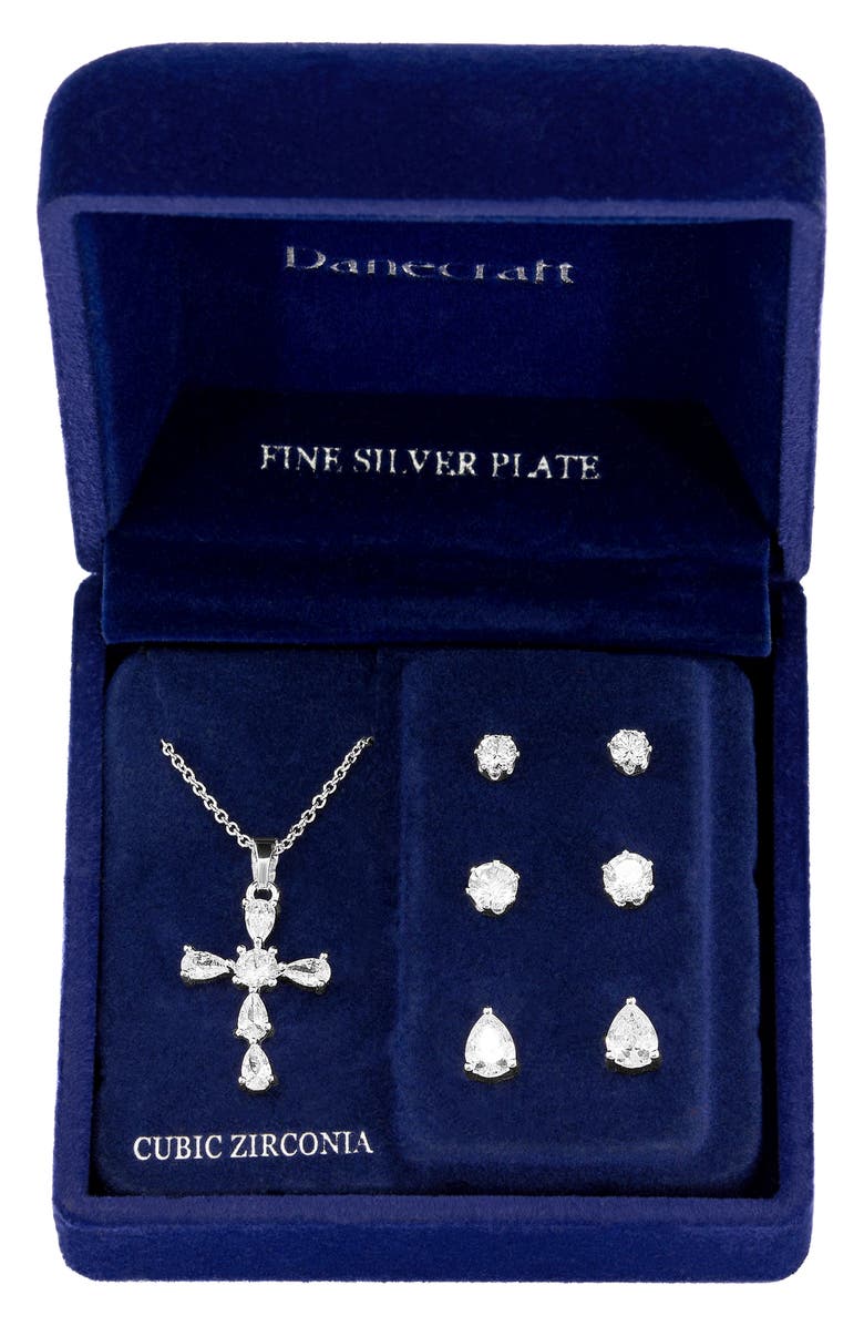 Danecraft CZ Cross Pendant Necklace & Earrings Set, Main, color, 