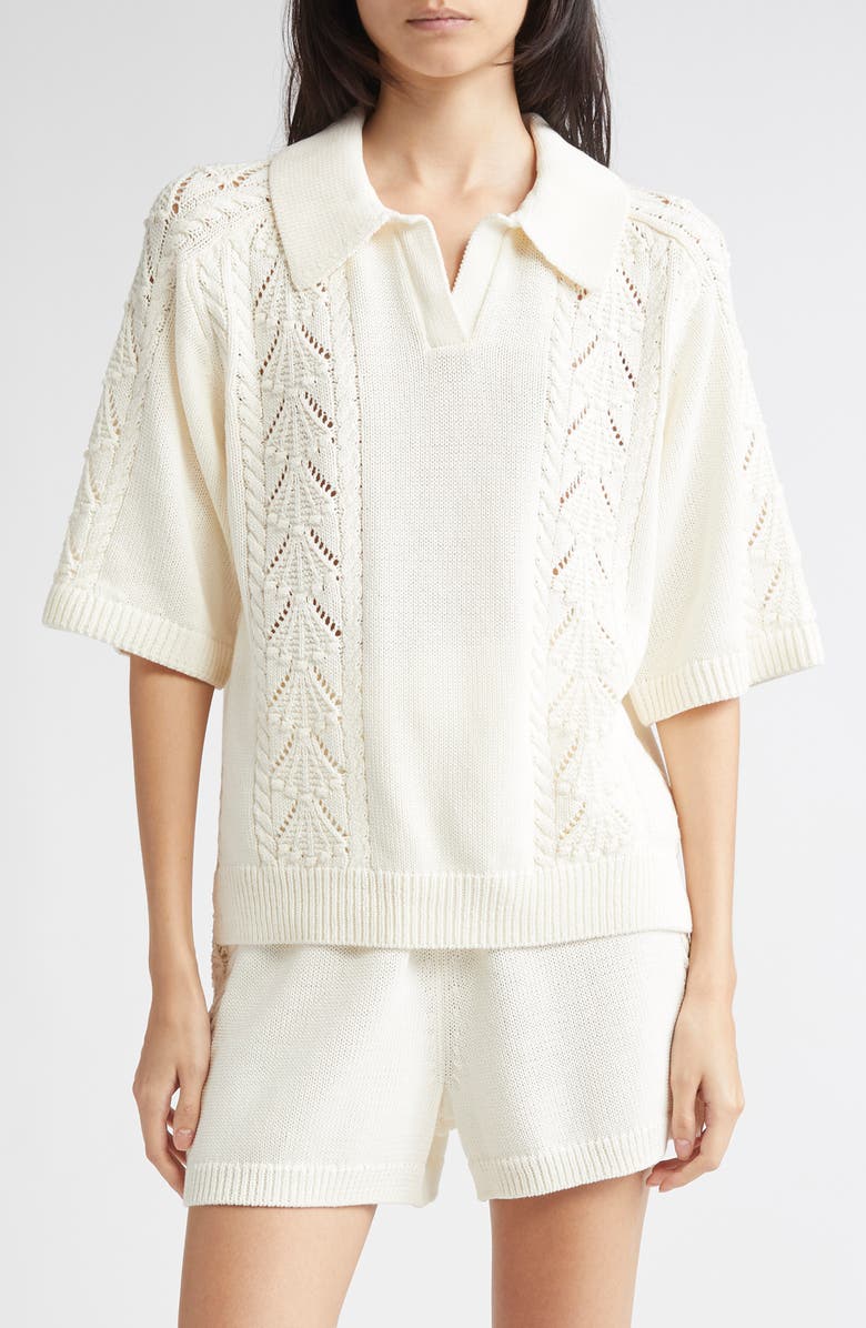 LOULOU DE SAISON Kina Johnny Collar Cotton Sweater, Main, color, Ivory