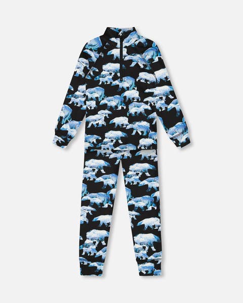 Two Piece Thermal Underwear Black With Dinosaur Print