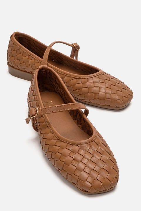 Yevora Leather Woven Strap Ballet Flat