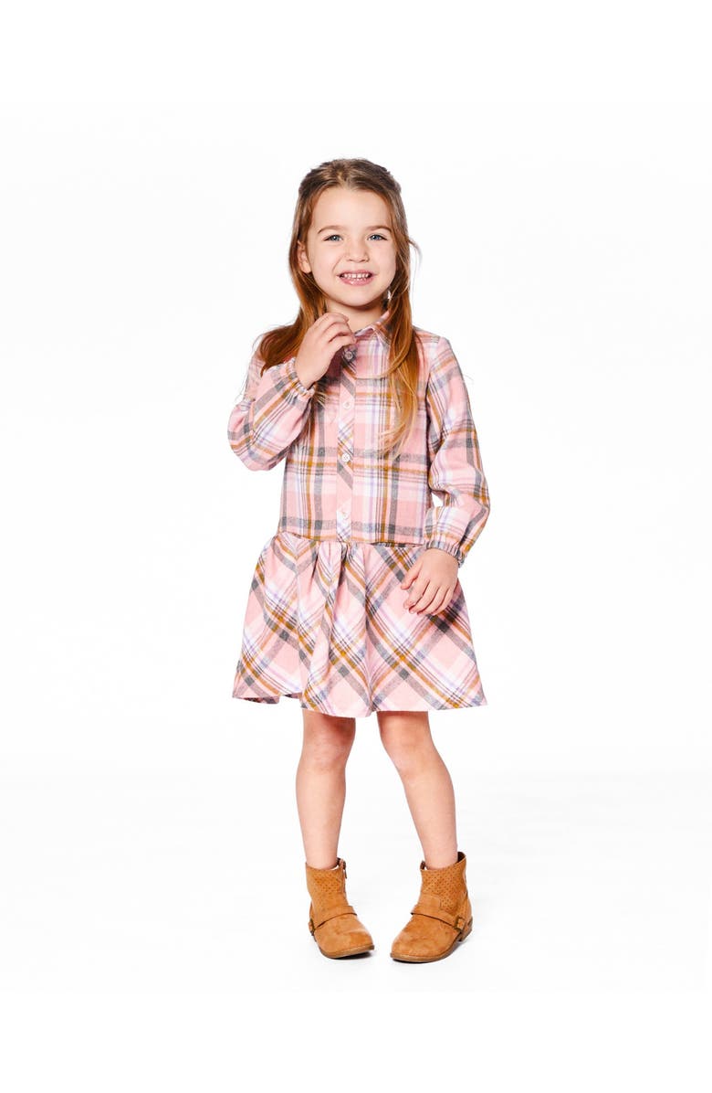 Deux par Deux Shirt Plaid Dress with Frill, Main, color, Pink, Yellow And Gray