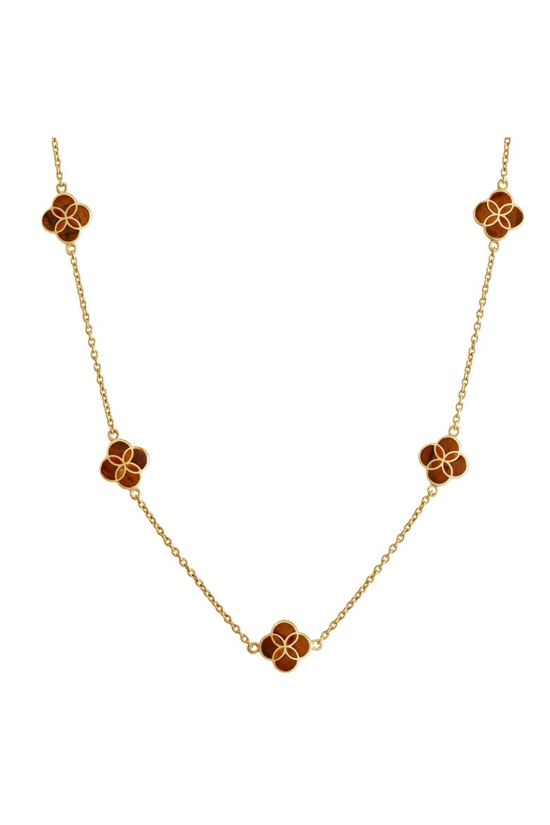 Sterling With 18K Gold Overlay And Gemstones Five Petal Station Necklace, Main, color, BROWN