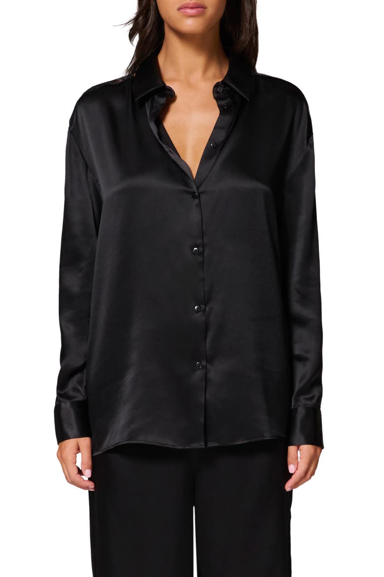 Love Me Silk Blend Button-Up Shirt, Main, color, BLACK