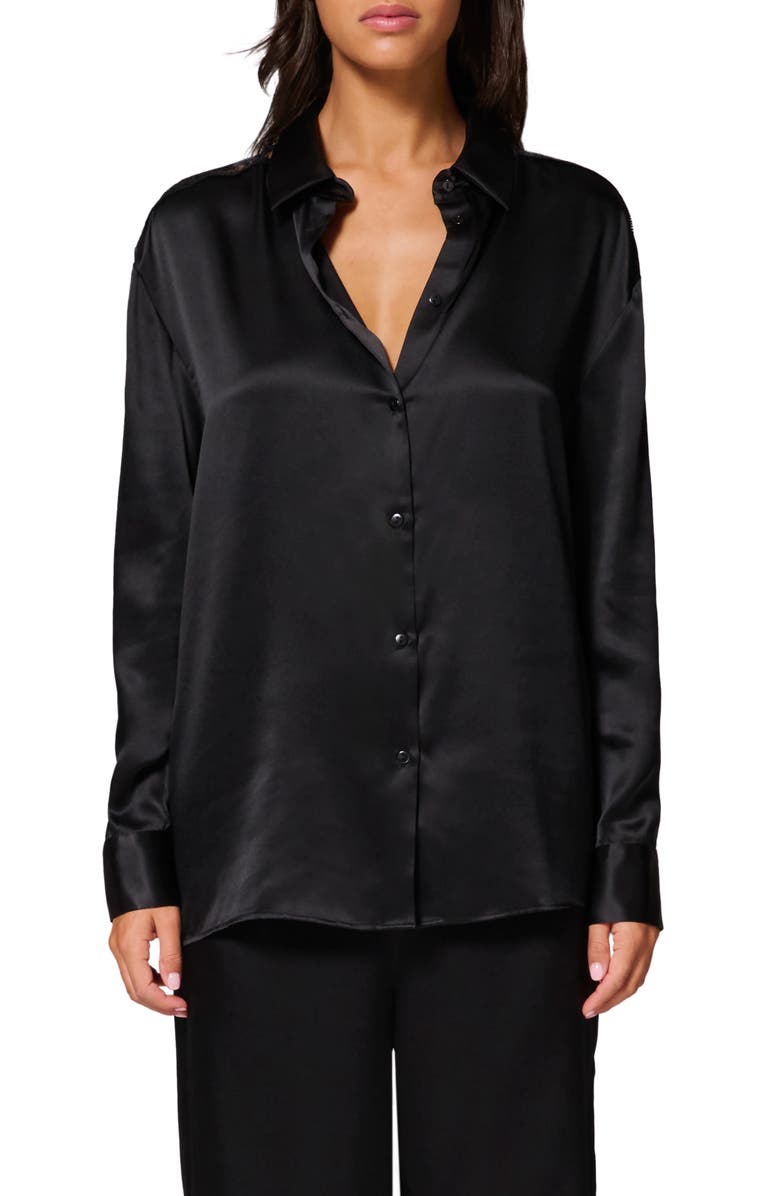 Simone Perele Love Me Silk Blend Button-Up Shirt, Main, color, Black
