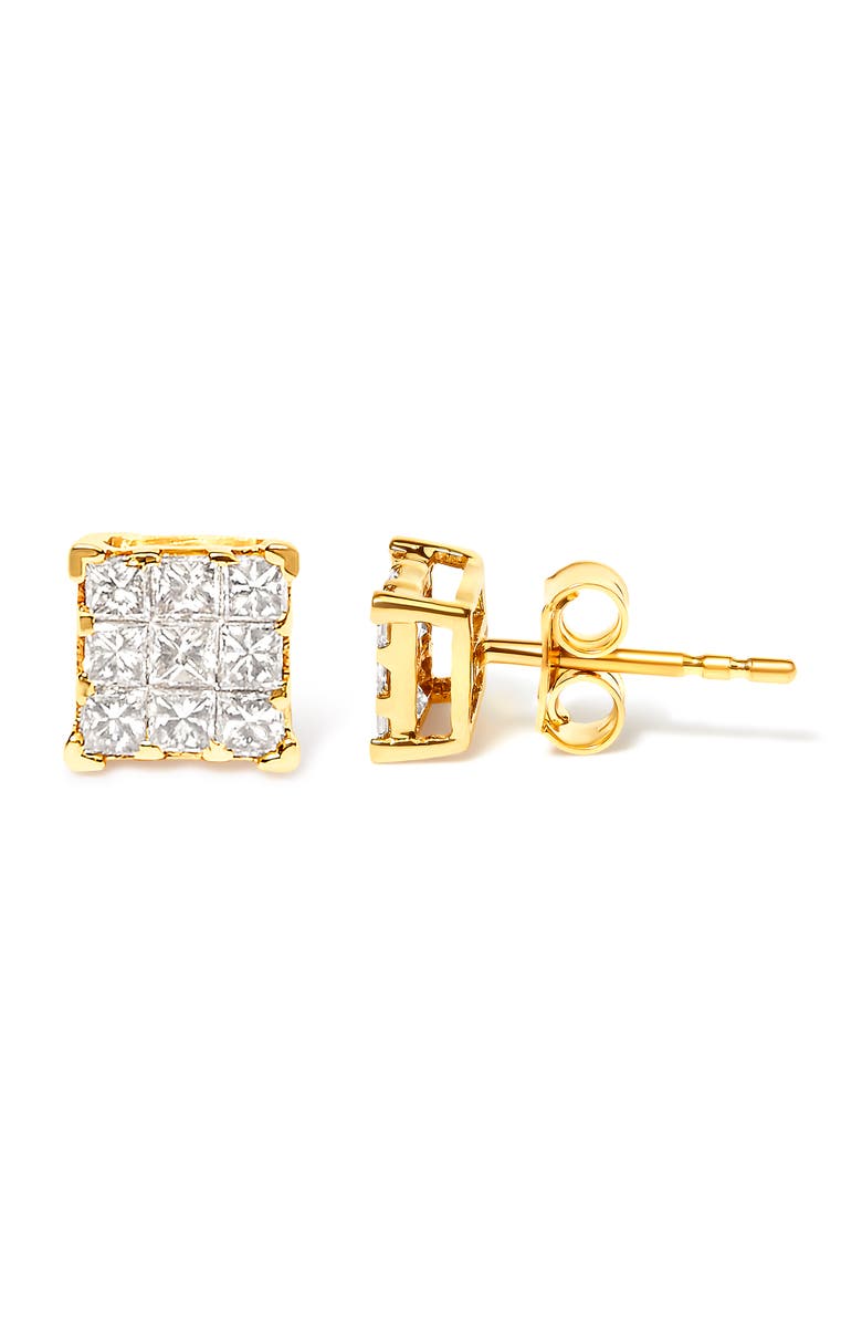 Haus of Brilliance 14K Yellow Gold 1/2 Ct Invisible Princess 9 Stone Square Stud Earrings, Alternate, color, Yellow