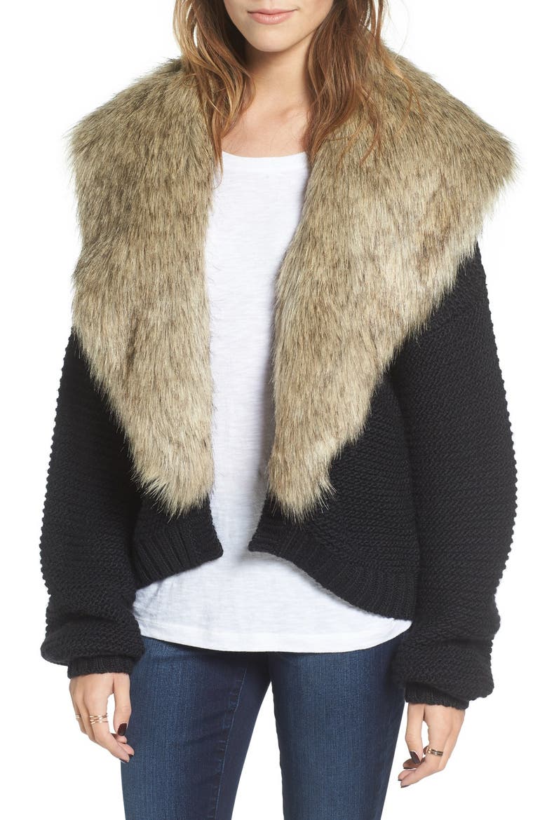 Faux Fur Collar Cardigan, Main, color, BLACK