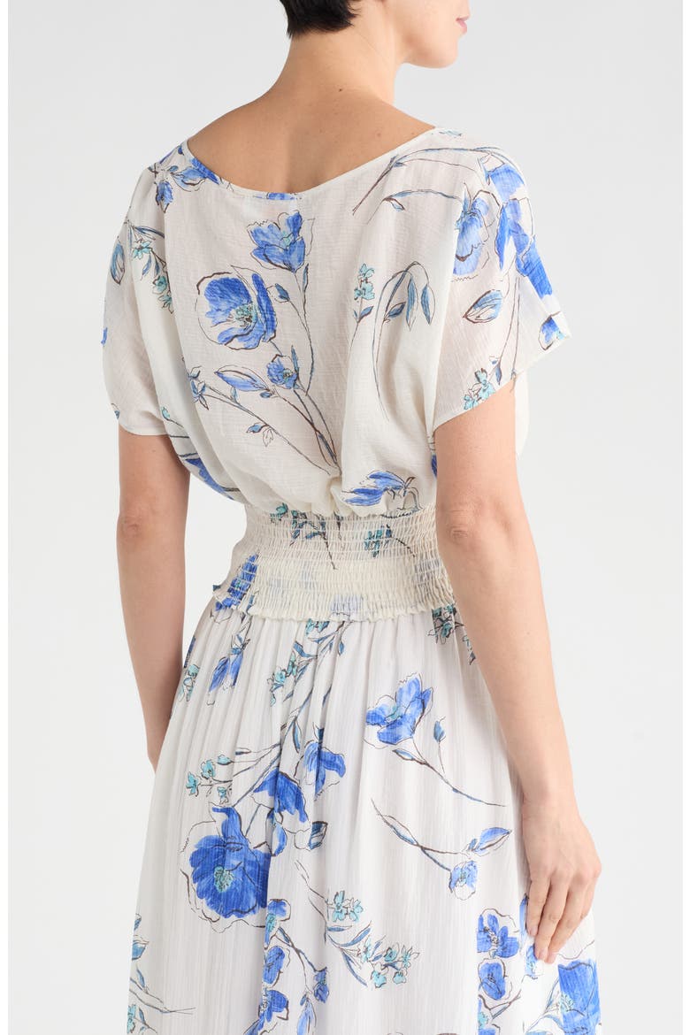 Floral Short Sleeve Smocked Back Crop Top, Alternate, color, WHITE AND BLUE