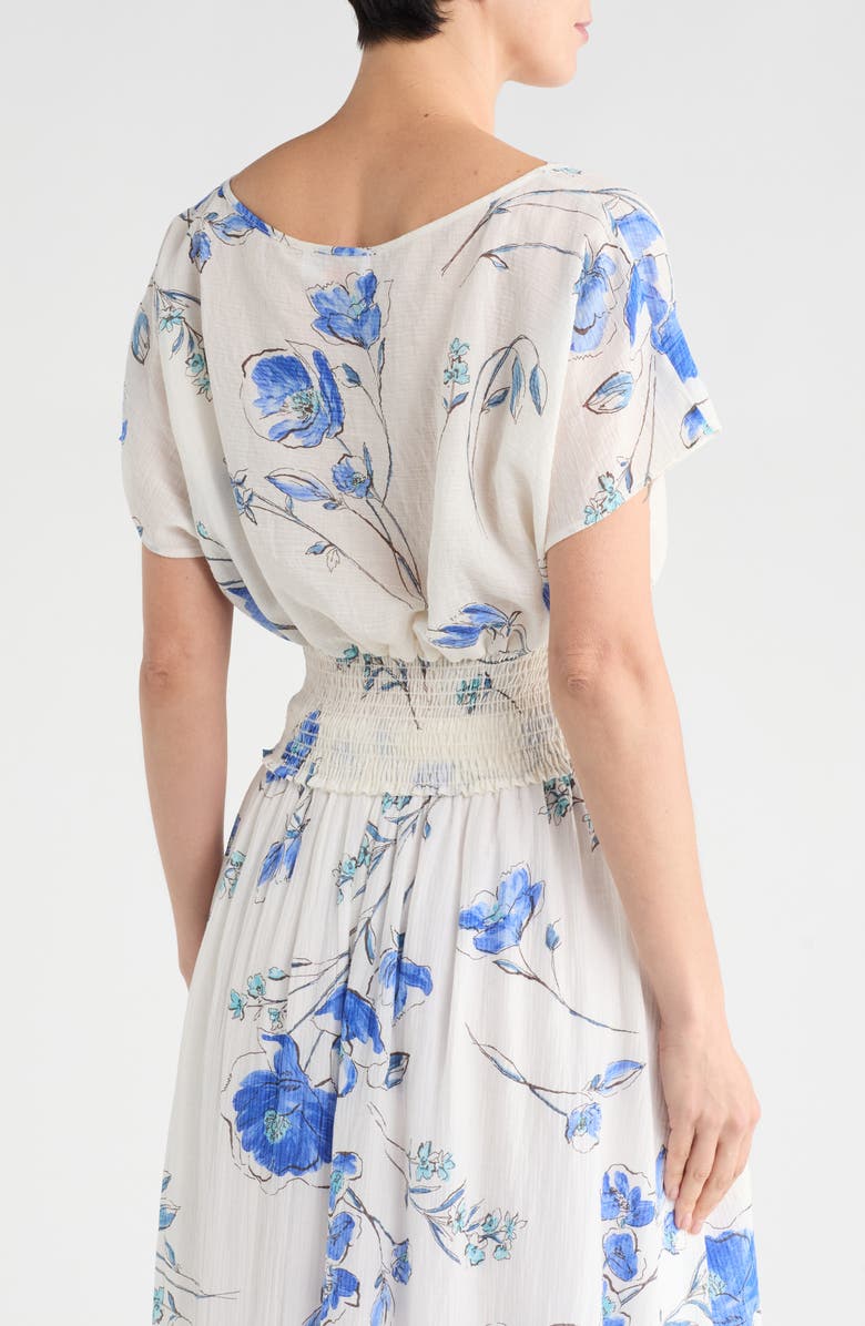 Renee C Floral Short Sleeve Smocked Back Crop Top, Alternate, color, White And Blue