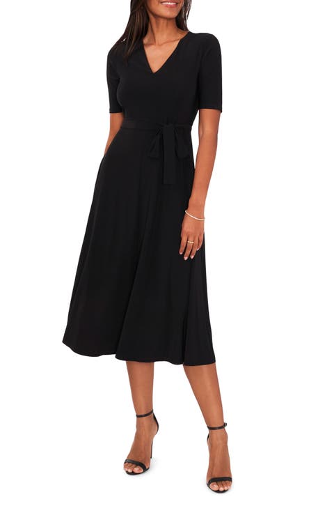 V-Neck Belted Midi Dress