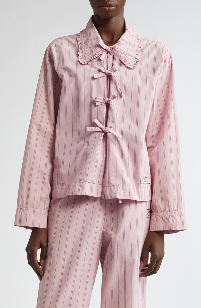Ganni Stripe Tie Front Organic Cotton Top, Main, color, Lilac Sachet