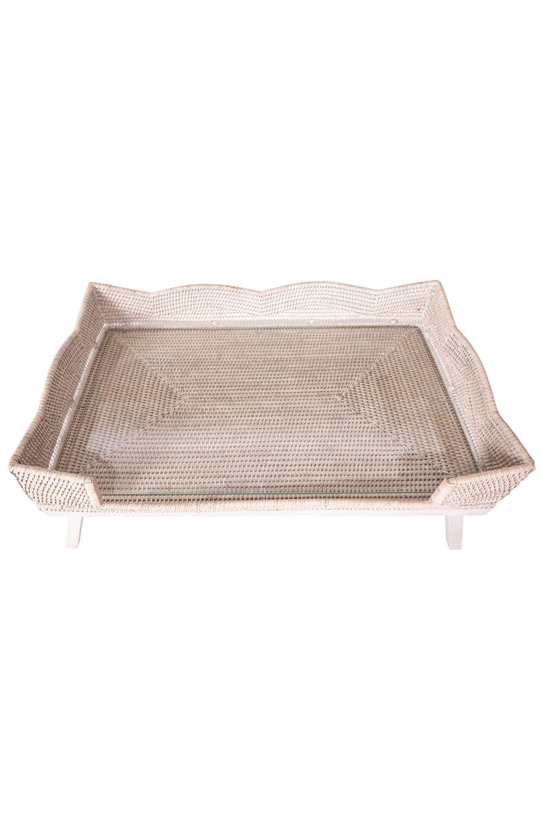 Artifacts Rattan Scallop Design Breakfast Tray with Wooden Legs & Glass Insert, Alternate, color, White Wash