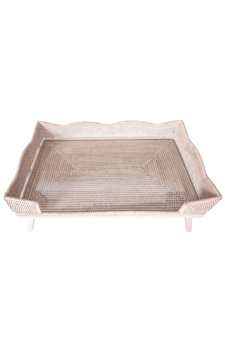 Artifacts Trading Company<sup>™</sup> Artifacts Rattan Scallop Design Breakfast Tray with Wooden Legs & Glass Insert, Alternate, color, White Wash