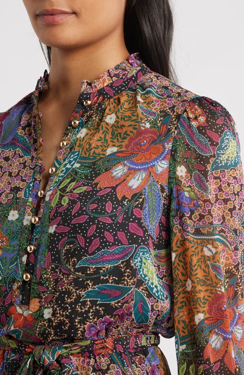 Vince Camuto Floral Long Sleeve Chiffon Fit & Flare Dress In Blue