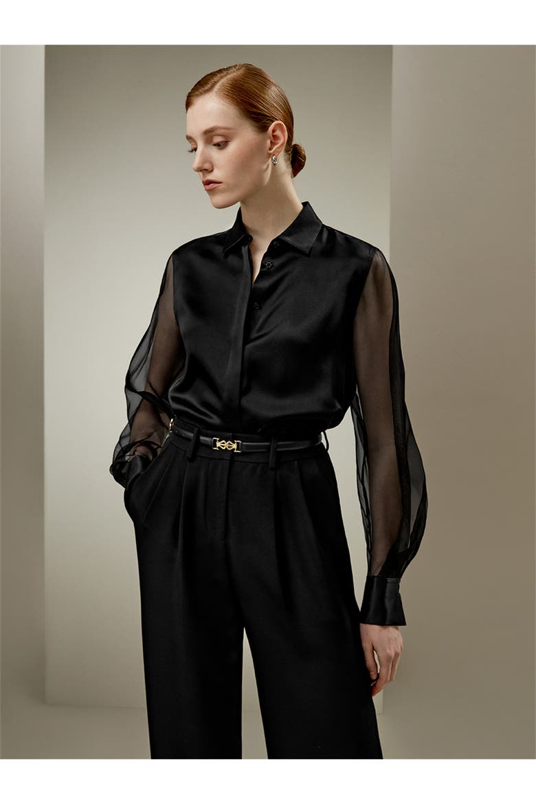Women's Ethereal Crisp Sheer Sleeves Silk Shirt, Alternate, color, Black
