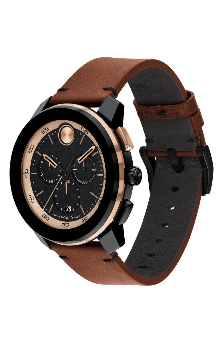 Movado Bold TR90 Leather Strap Watch, Alternate, color, Black Dial