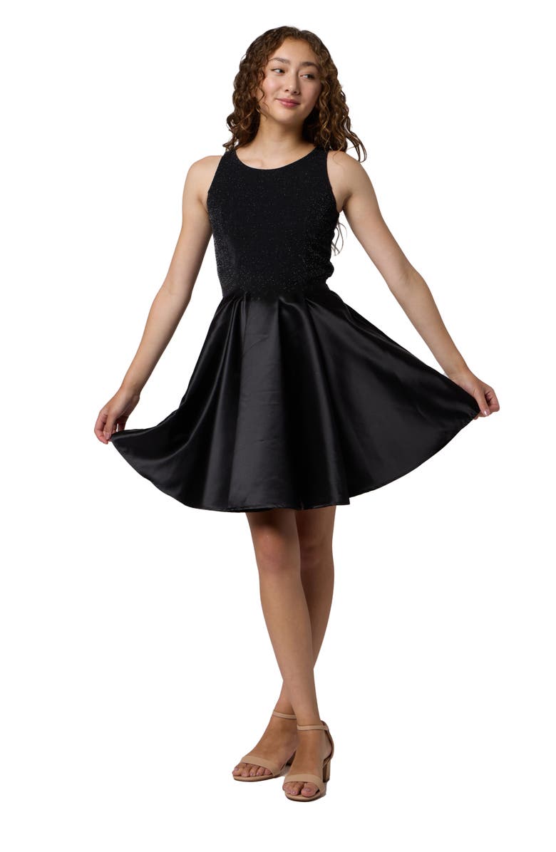 Un Deux Trois Glitter and Satin Racerback Dress in Longer Length, Main, color, Black