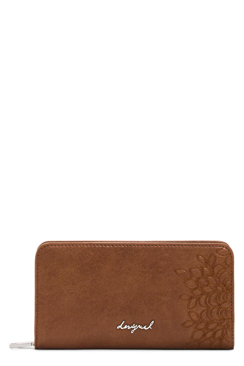 Medium Embroidered Long Faux Leather Wallet, Main, color, CAMEL