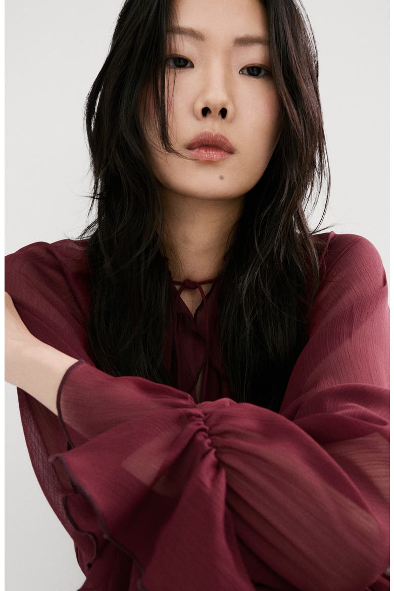 Ruffle Detail Long Sleeve Dress, Alternate, color, BURGUNDY
