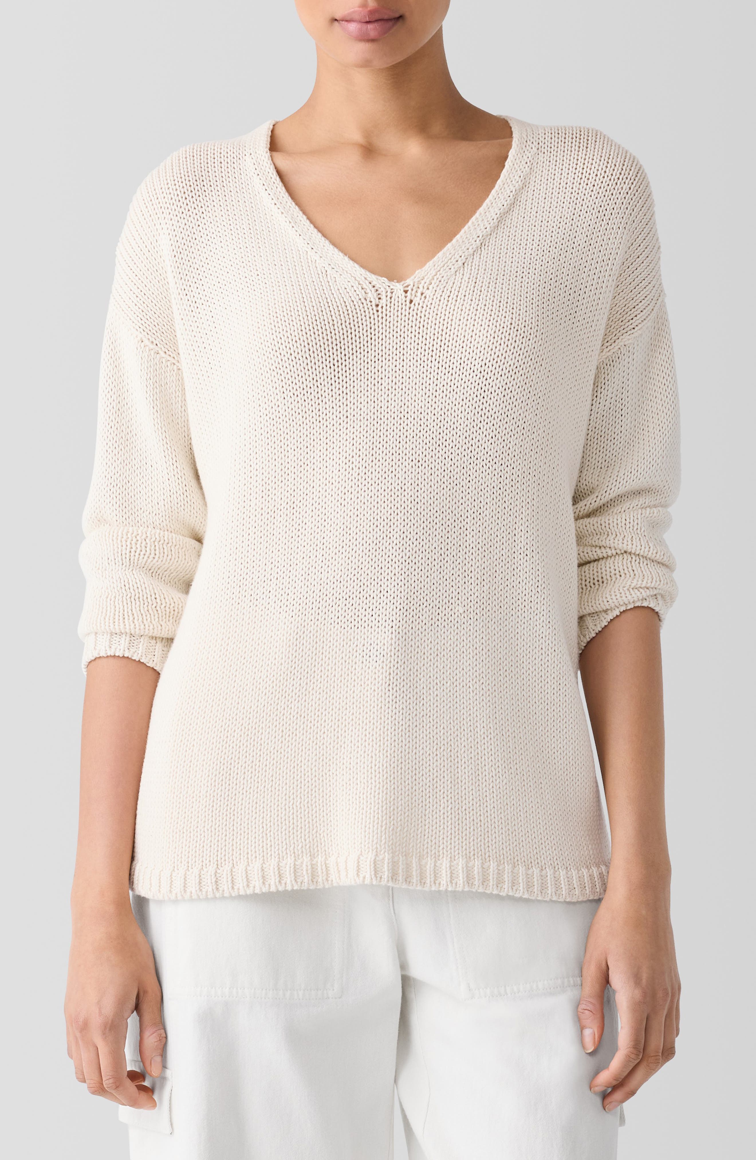 Eileen Fisher V-Neck Organic Cotton Pullover Sweater