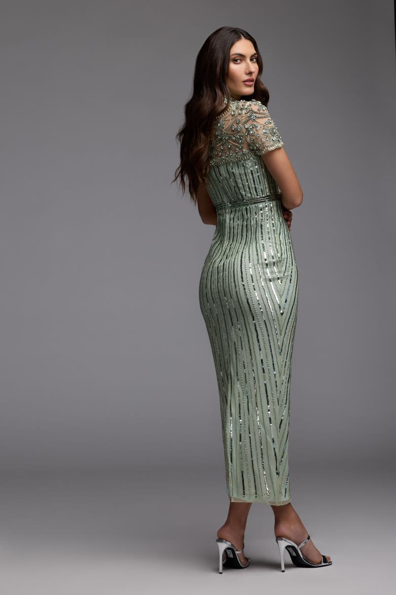 Beaded Mesh Short Sleeve Mock Neck Midi Dress, Alternate, color, Light Sage