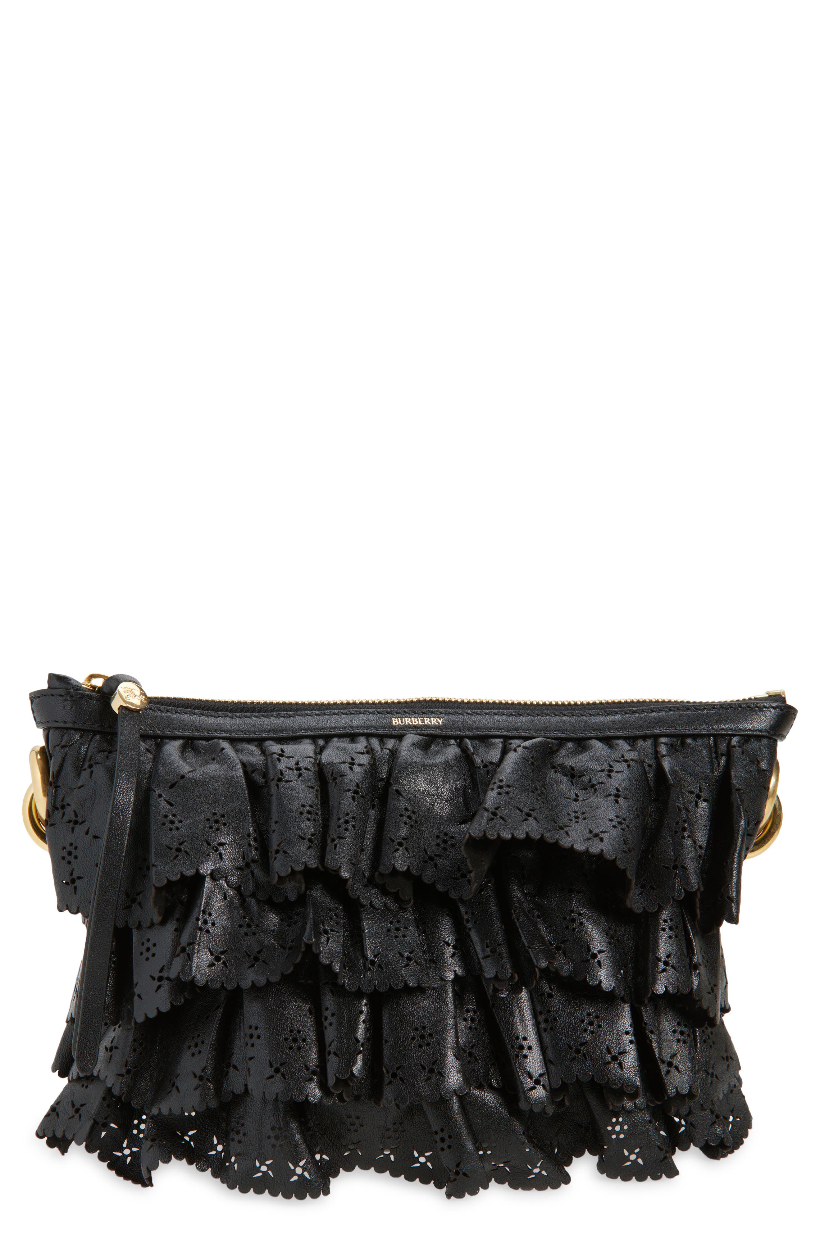 Burberry Mini Ruffle Leather Bag, Main, color, Black