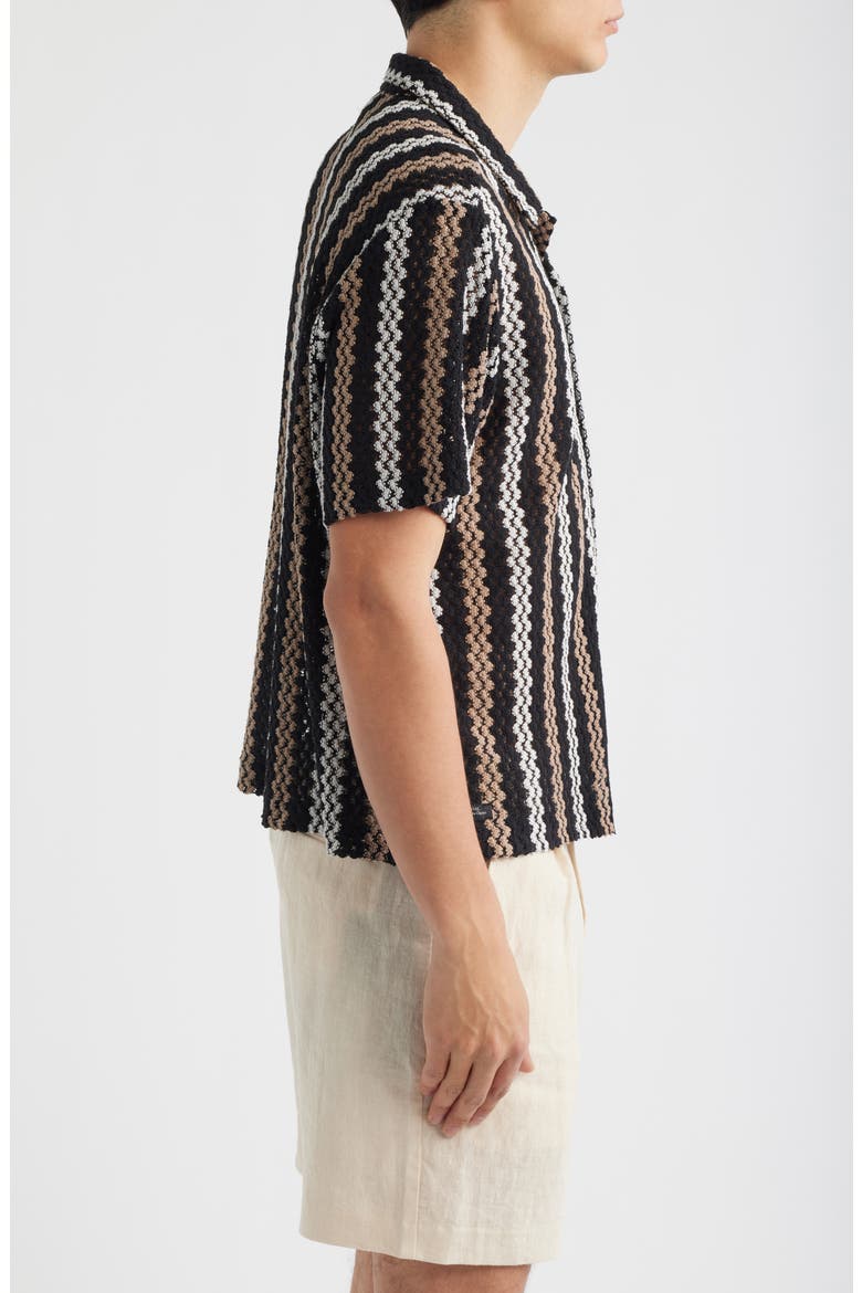 Wade Openwork Stripe Camp Shirt, Alternate, color, BLACK