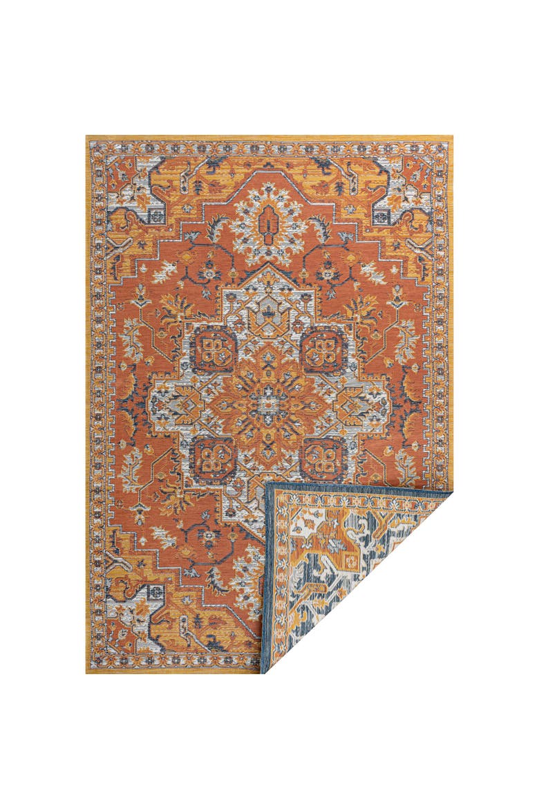 Bijan Traditional Vintage Medallion Reversible Machine-Washable Indoor/Outdoor Area Rug, Main, color, Terra/Blue/Cream