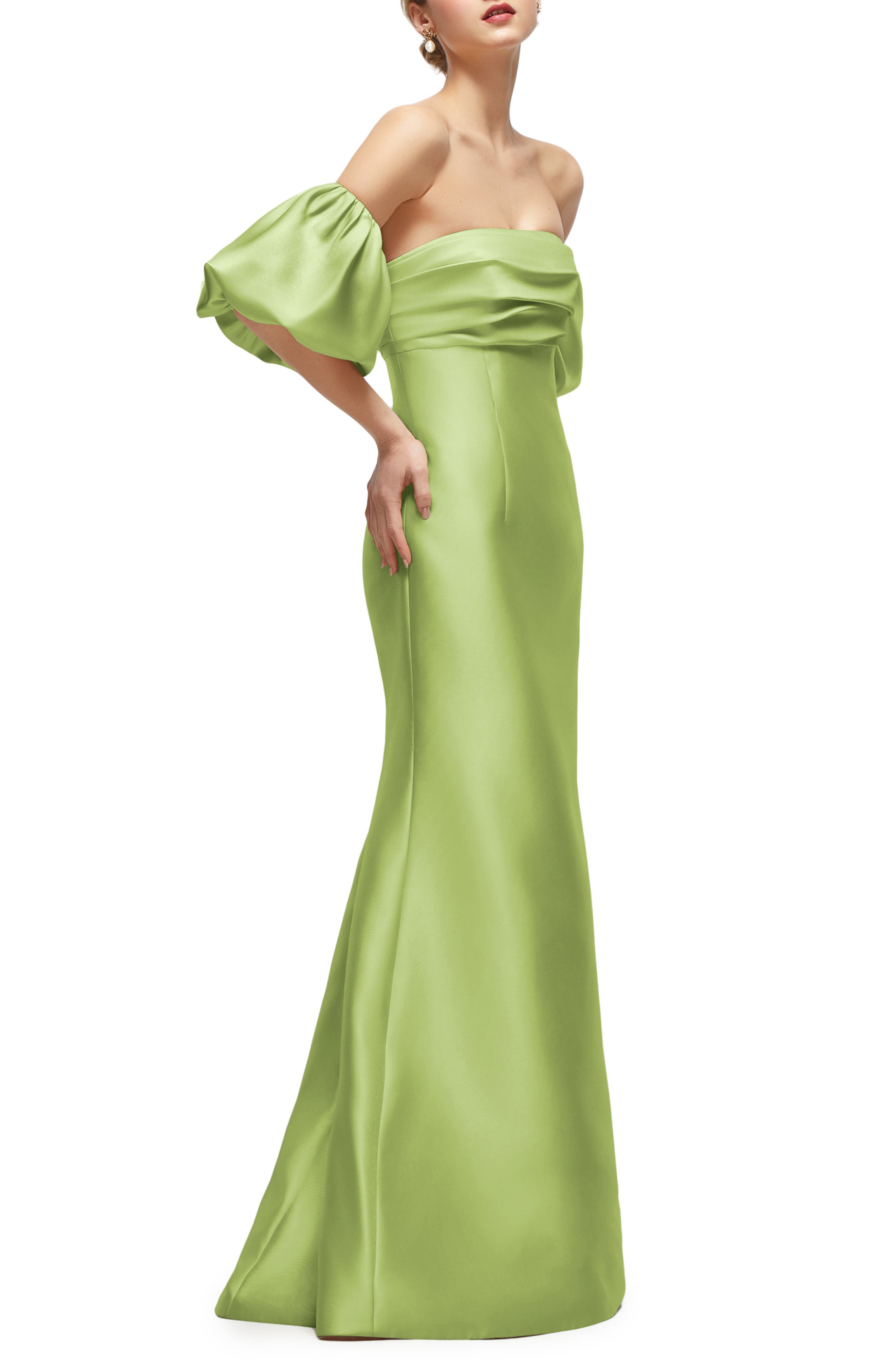 Alfred Sung Women's Off the Shoulder Puff Sleeve Satin Gown - Green