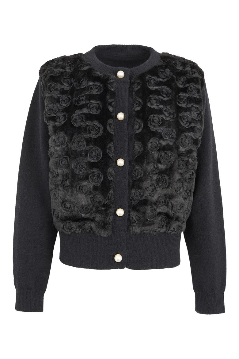 Flower Faux Fur Velour Cardigan, Alternate, color, BLACK