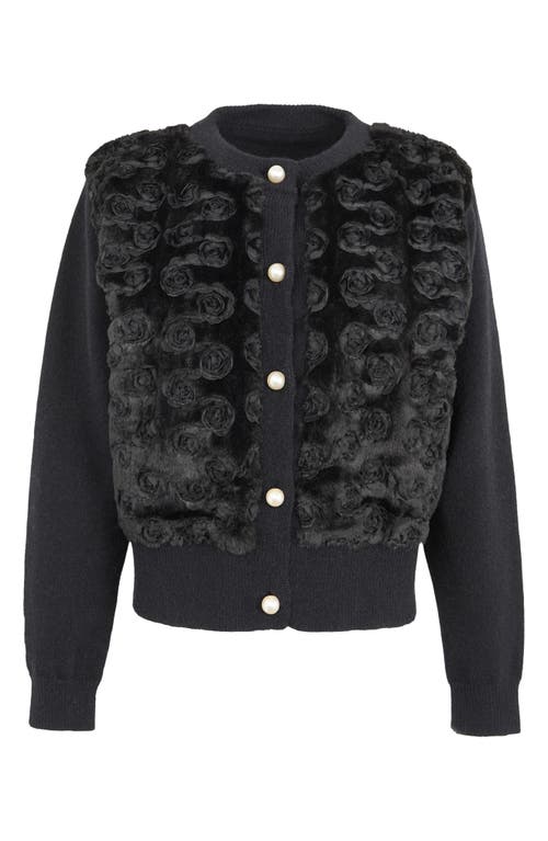 Saachi Flower Faux Fur Velour Cardigan In Black