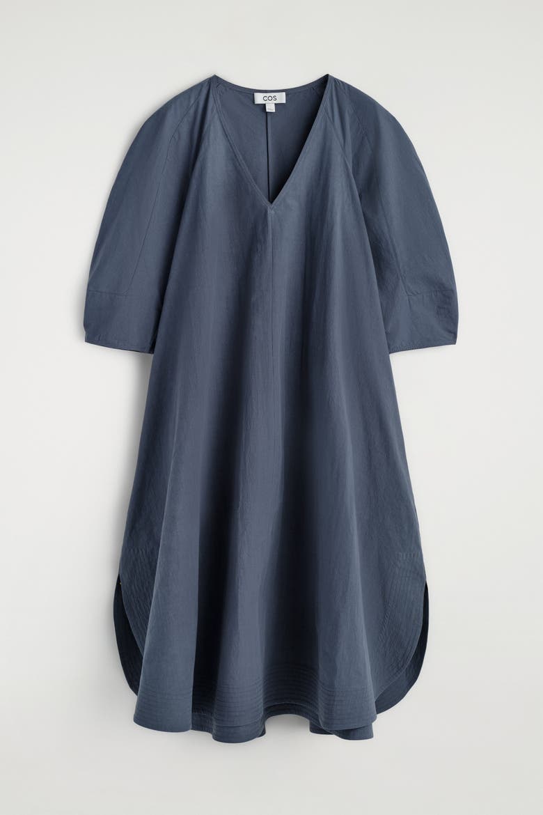 Rounded V-Neck Cotton Midi Dress, Alternate, color, BLUE
