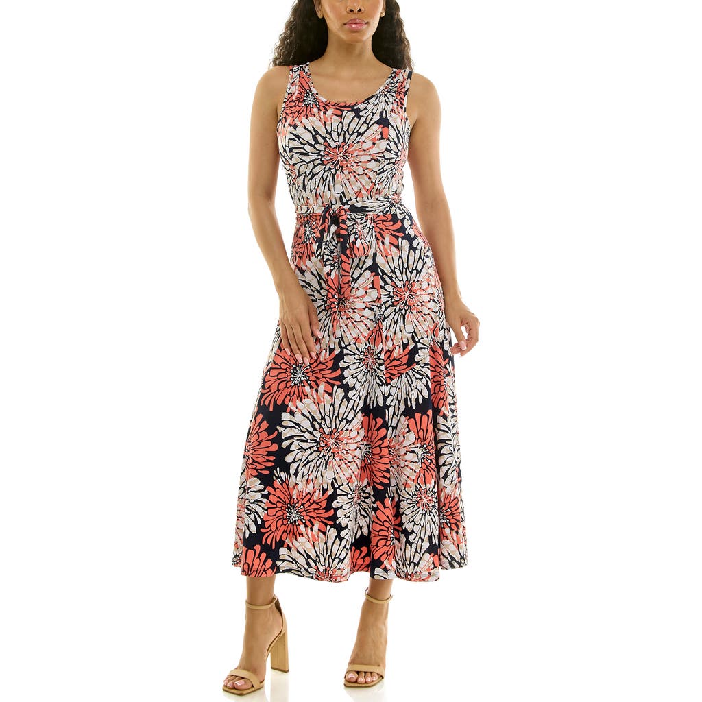 Nina Leonard Crewneck Sleeveless Midi Dress In Navy/coral Multi