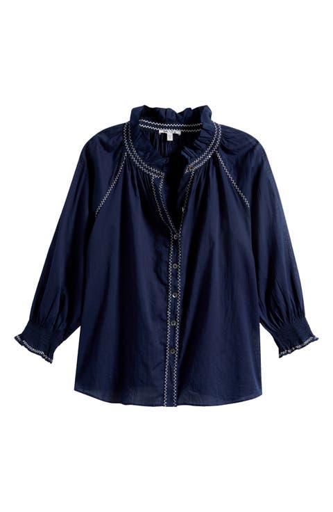 Zigzag Stitch Crinkle Cotton Button-Up Shirt