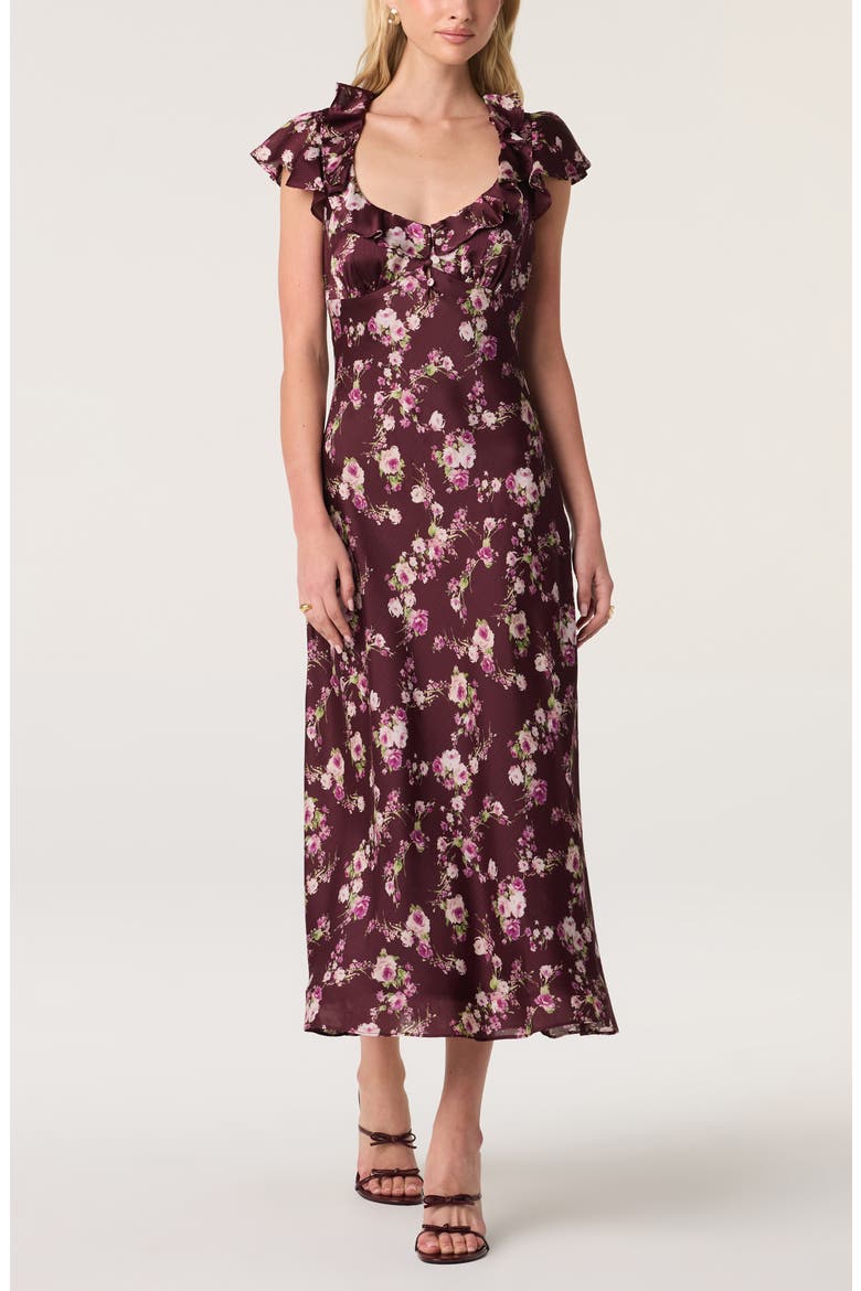 Nico Floral Ruffle Cap Sleeve Midi Dress, Main, color, BURGUNDY FLORAL