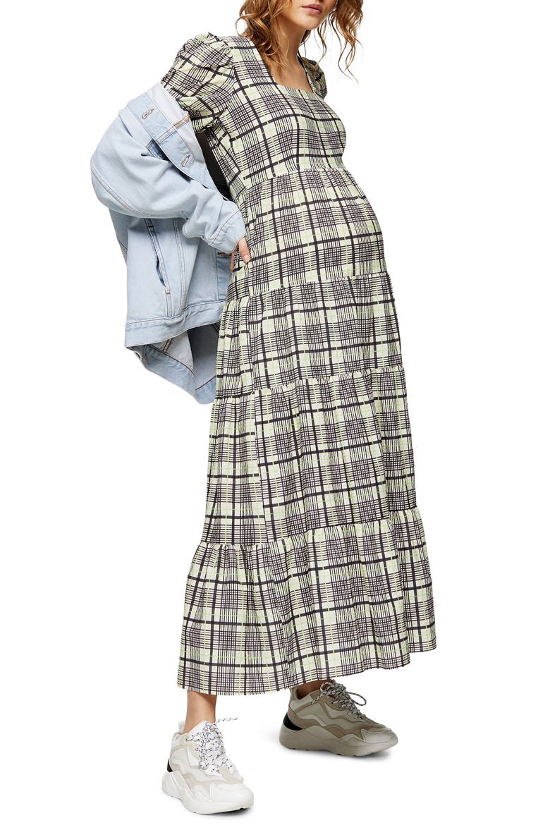 Maternity Plaid Long Sleeve Midi Dress, Main, color, LIME MULTI