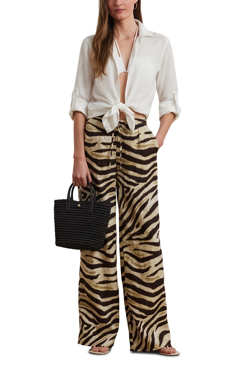 Zebra Print Linen Wide Leg Pants, Alternate, color, CREAM/ BROWN