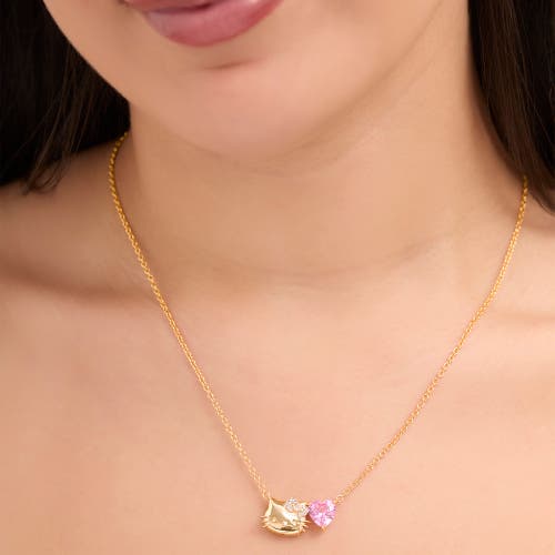 Hello Kitty Pink & White Sapphire Face With Heart Necklace, 18" In Gold