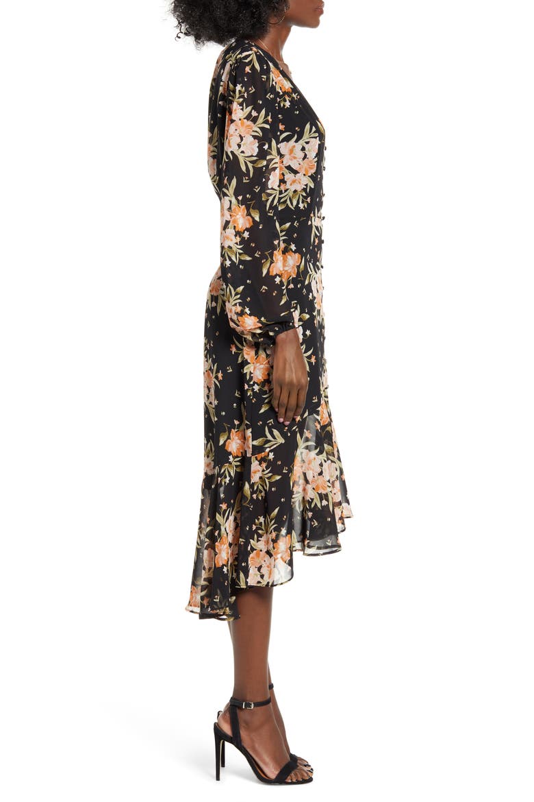 Button Front Midi Dress, Alternate, color, BLACK BLUSHING FLORAL