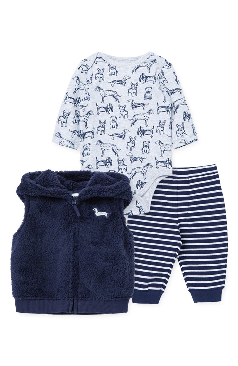 Little Me Puppies Faux Fur Fleece Hooded Vest, Long Sleeve Bodysuit & Joggers Set, Main, color,