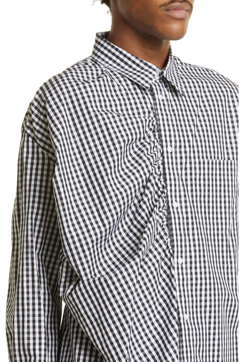 Gingham Asymmetric Gathered Button-Up Shirt, Alternate, color, BLACK / WHITE