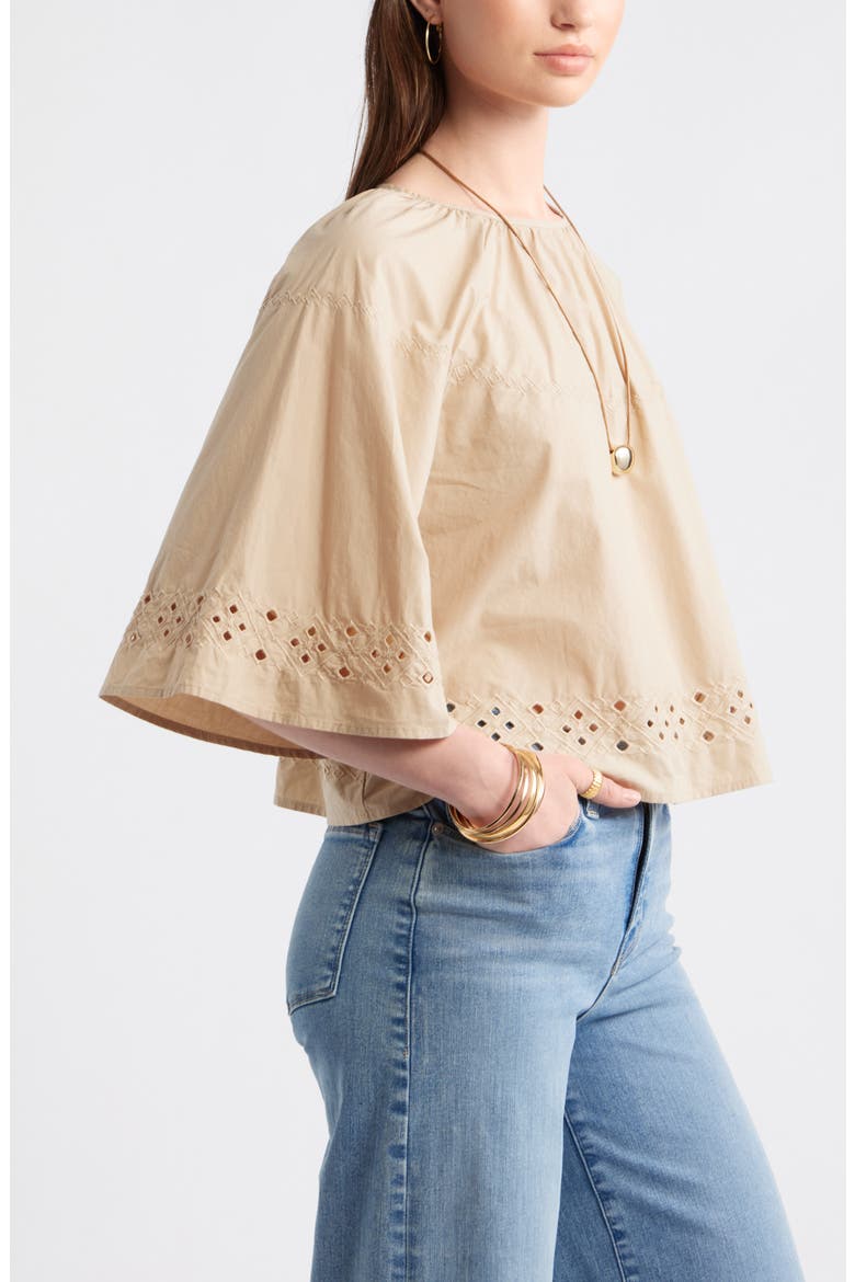 Eyelet Embroidered Poplin Swing Top, Alternate, color, BEIGE HUMUS