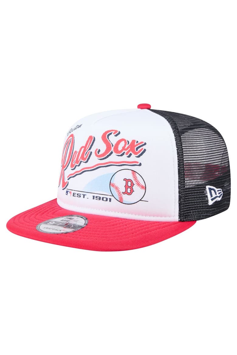 Men's New Era White/Red Boston Red Sox Retro Script Trucker 9FIFTY Snapback Hat, Main, color, White