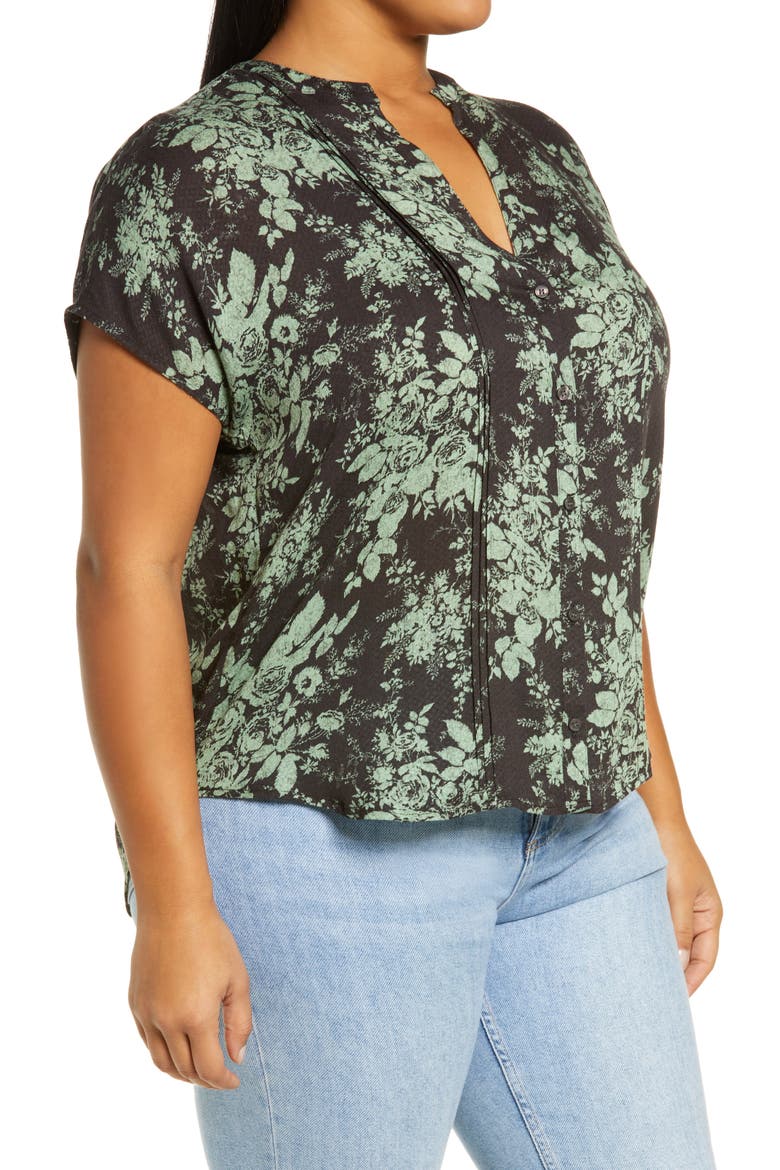 Print V-Neck Top, Alternate, color, BROWN- GREEN ROSE BROCADE