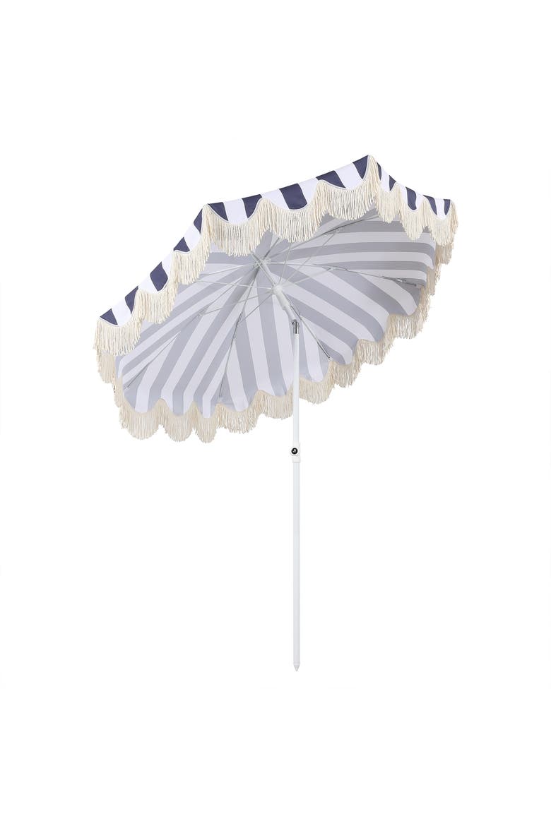 Mariner Coastal Round Outdoor Beach Umbrella with Fringe Trim, Push-Button Tilt, UV 50 Canopy and Wood-Finish Pole, Alternate, color, Navy/White - White Pole