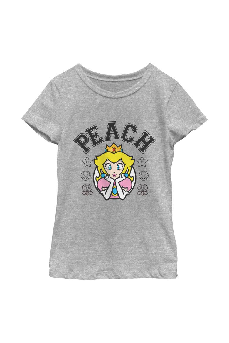 Girl's Nintendo Peach Varsity Badge  Graphic T-Shirt, Main, color, Athletic Heather