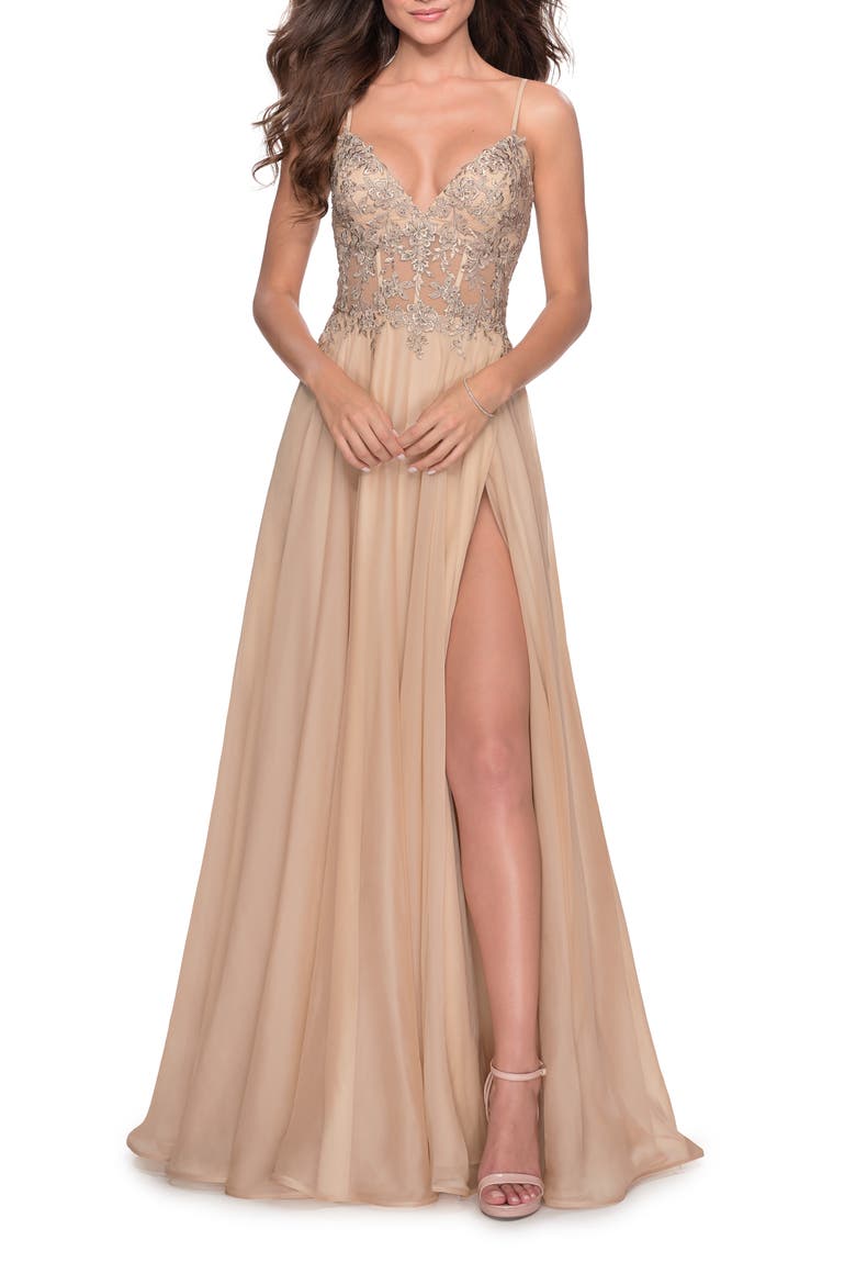 A-line Gown with Sheer Floral Embellished Bodice, Main, color, Nude