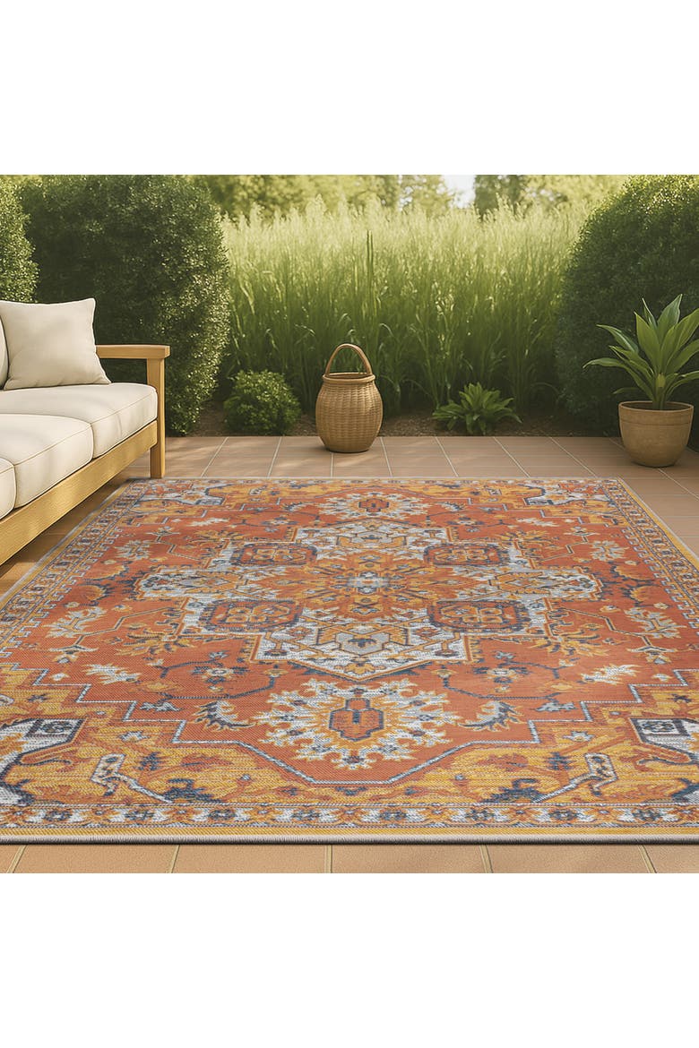 Bijan Traditional Vintage Medallion Reversible Machine-Washable Indoor/Outdoor Area Rug, Alternate, color, Terra/Blue/Cream