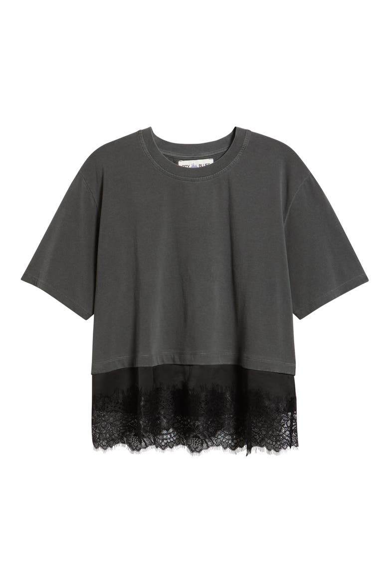 Satin & Lace Trim Stretch Cotton T-Shirt, Alternate, color, BLACK